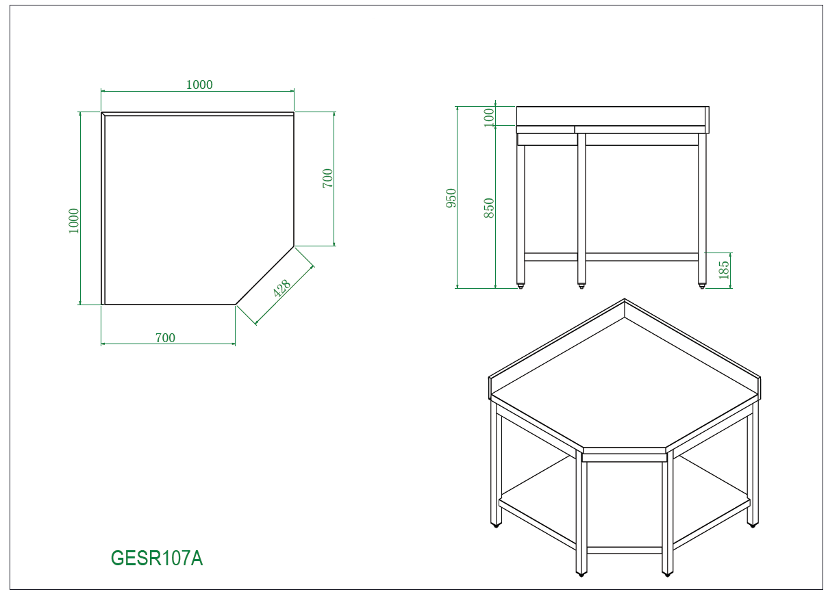 THGESR107A - Table d'angle adossée , 1000x1000x 700x850+100 mm