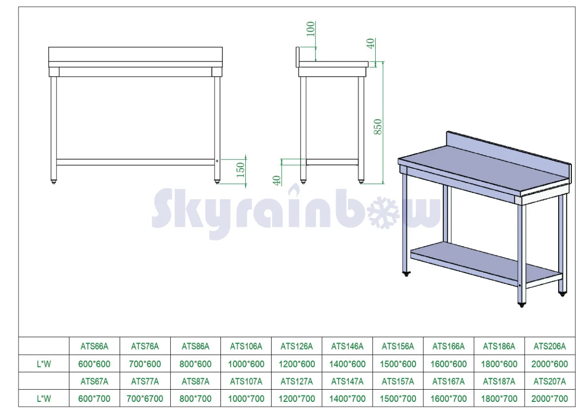 THATS67A - Table de travail adossée, 600 x 700x 850+100 mm