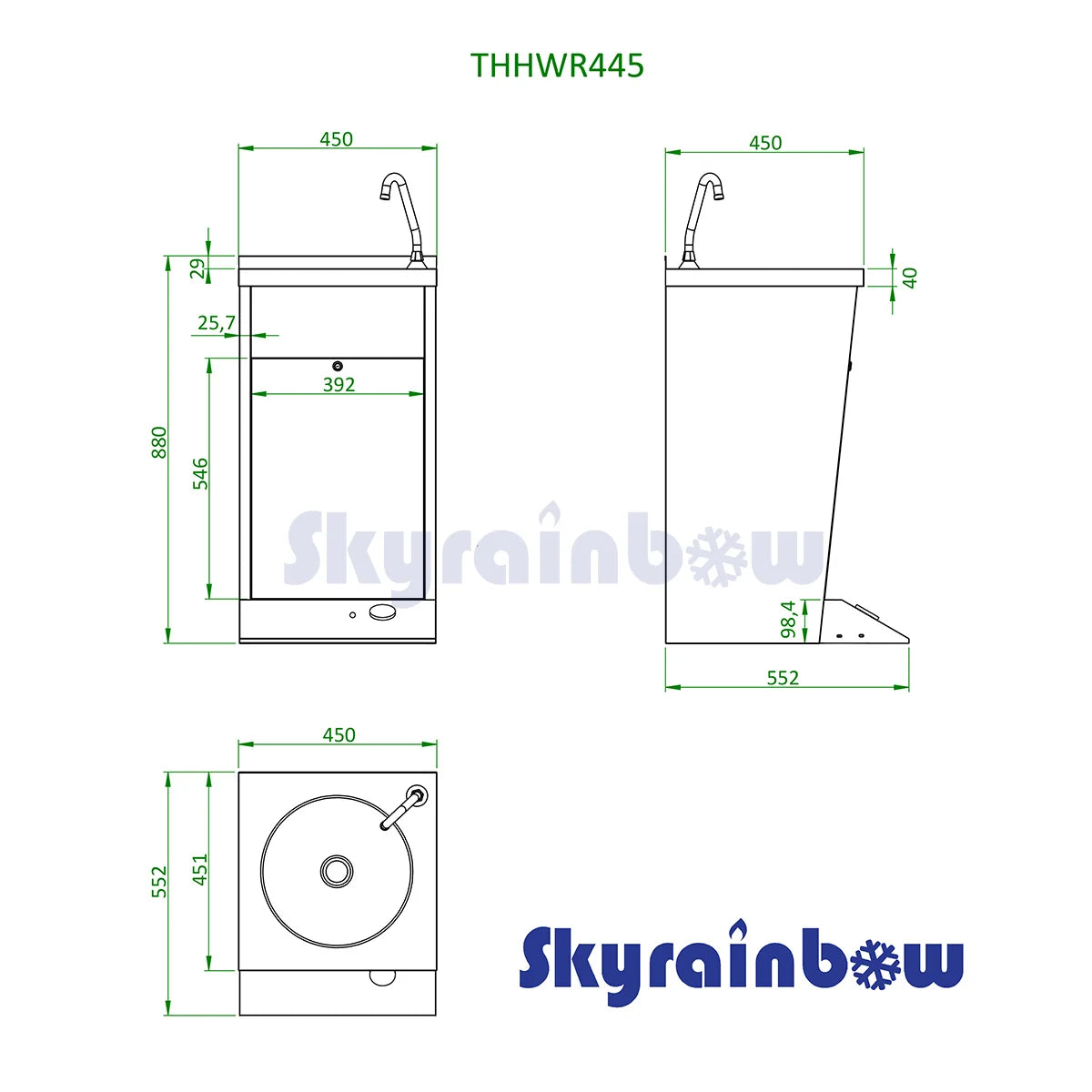 THHWR445 - Laves-mains inox, 450 x 552 x 880 mm