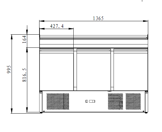 THPS300 - Saladette réfrigérée 3 portes , 1365 x 700 x 950 mm
