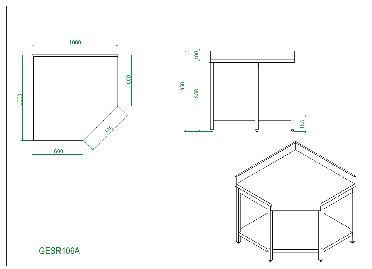 THGESR106A - Table d'angle adossée , 1000x1000x 600x850+100 mm