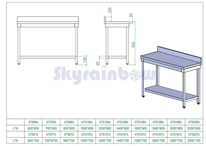 THATS77A - Table de travail adossée, 700 x 700 x850 +100mm