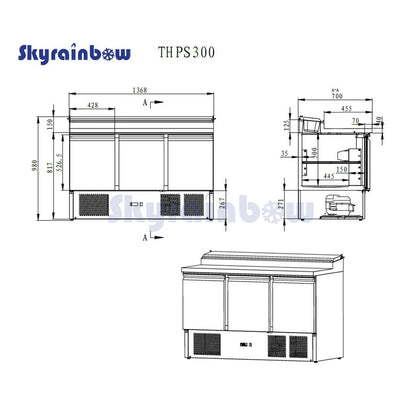 THPS300 - Saladette réfrigérée 3 portes , 1365 x 700 x 950 mm