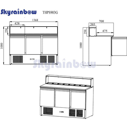 THPS903G - Saladette réfrigérée 3 portes, 1365 x 700 x 1080 mm