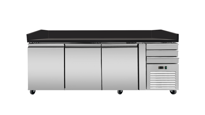 Table à pizza réfrigérée avec granit noir - 3 portes et 3 Tiroirs  - Positive  SKYRAINBOW-THPZ3600TNSF