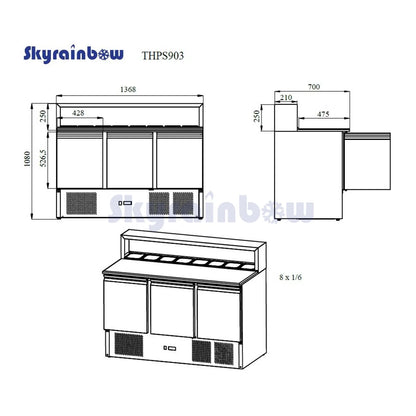 THPS903 - Saladette réfrigérée 3 portes,1365 x 700 x 1080 mm