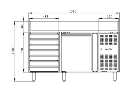 THPZ1610TN - Table à pizza réfrigérée 1 porte+ 7 tiroirs , 1510 x 800 x 1000 mm