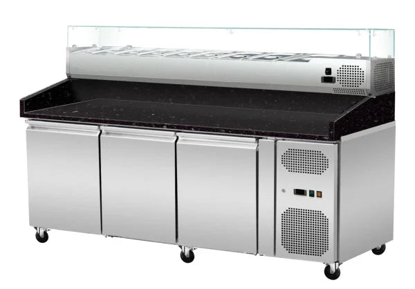 THPZ3600TNS - Table à pizza réfrigérée granit Noir Galaxy 3 portes , 2025 x 800 x 860 mm